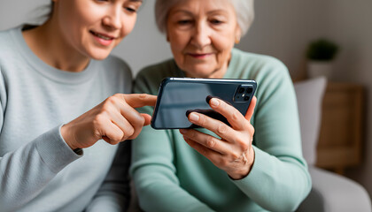 Elderly woman and adult daughter holding and looking at a smartphone. Senior couple using tech device with help of woman. Digital connection and modern communication for older generation.