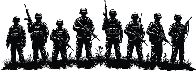 Black silhouette of a squad of soldiers standing in a line in a field, carrying rifles and military tactical gear. © MstRuna