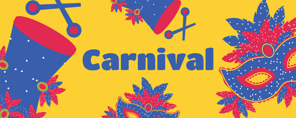 Festival banner for Brazilian Carnival with feathered masks and drums