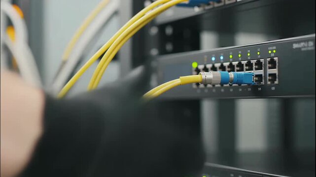 Technician connecting network cables in a server room, data transmission and configuration