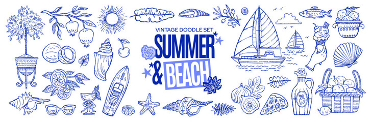 Summer beach. Mediterranean vacation set. Doodle summer sea beach icons from Italy, Greece or France. Mediterranean sea food illustration. Coastal Italian Amalfi lemon, boat, palm leaf, sun, yacht bg