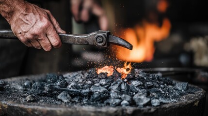 Blacksmith Holding Hot Metal with Tongs over Coals