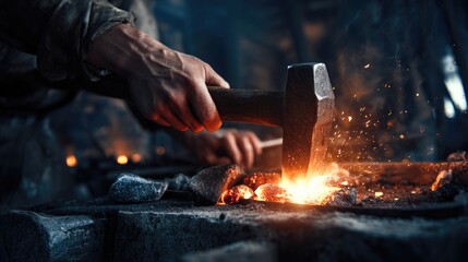 Blacksmith Hammering Hot Metal on Anvil with Sparks