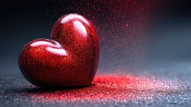Red Glitter Heart with Sparkling Particles on Dark Background
