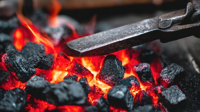 Heated Metal Blade on Burning Coals in Blacksmith Forge - Powered by Adobe