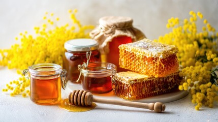 Natural Honey and Honeycomb Still Life with Jars and Dipper on Light Background