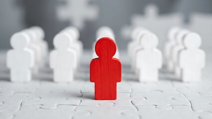 A single red wooden figure stands prominently among a group of white wooden figures arranged on a puzzle background high quality