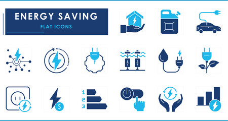 A set of flat icons related to Energy Saving. Save, green energy, plug, power, gear, hydro power, gasoline, and so on.