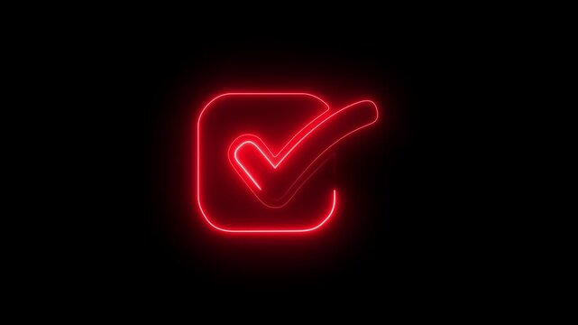 Neon red color checkmark icon for user verification footage. on dark background.