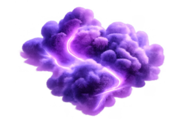 Purple storm cloud with glowing lightning bolt and electric energy, powerful atmospheric smoke explosion on transparent background