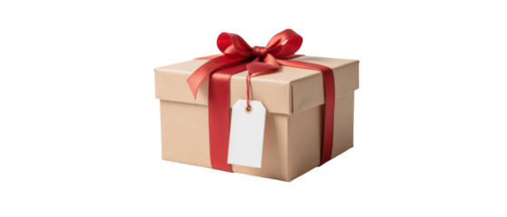 Beautifully wrapped gift box with red ribbon and tag, perfect for celebrations and special occasions