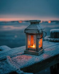 Cozy Lantern with Candle on Snowy Pier at Winter Twilight