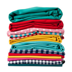 Stack of colorful folded laundry and linens isolated on white background