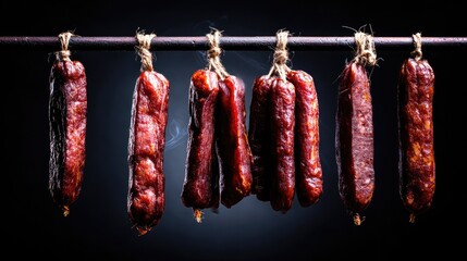 Artisan Smoked Sausages Hanging in Smoke on Dark Background