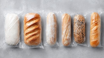 Assorted Fresh Bread Loaves Wrapped in Transparent Plastic Packaging on Gray Background