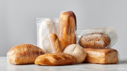 Assorted bread loaves wrapped in plastic packaging, bakery product collection