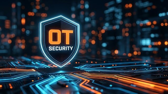 A glowing shield displaying ot security hovers above a complex network of circuitry and blurred city lights symbolizing digital protection