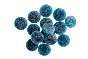 Blue Sugar-Coated Candy Discs on White Background