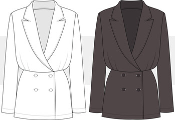 Double Breasted Long Sleeve Blazer Dress Fashion Design, Illustration. Skirt shirt suit flat sketch vector. Front view, Cad, Mockup.