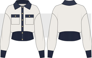 Women's stylish cardigan with buttons and pockets. Cardigan with ribbed detail fashion technical drawing, illustration. Front and back view, vector. CAD, Mockup Set.