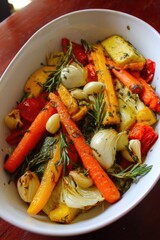 Roasted Mixed Vegetables with Garlic and Rosemary in White Dish
