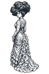 Elegant lady in a vintage dress and a large hat with feathers. Belle &Eacute;poque or Victorian era fashion. Hand-drawn vector illustration in an engraving style.