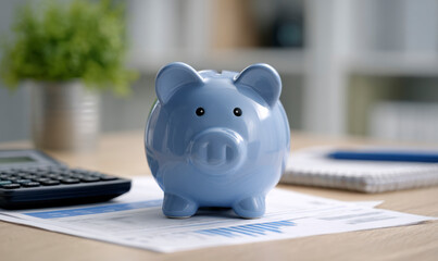 A light blue piggy bank sits on financial documents for saving concept.
