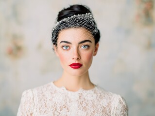 Classic Bridal Beauty Portrait with Red Lips and Vintage Wedding Veil