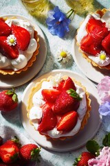 Strawberry Tart Desserts with Cream in Artistic Flat Lay Composition