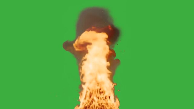 Realistic explosion with fire and thick smoke on green screen