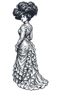 Elegant lady in a vintage dress and a large hat with feathers. Belle &Eacute;poque or Victorian era fashion. Hand-drawn vector illustration in an engraving style.