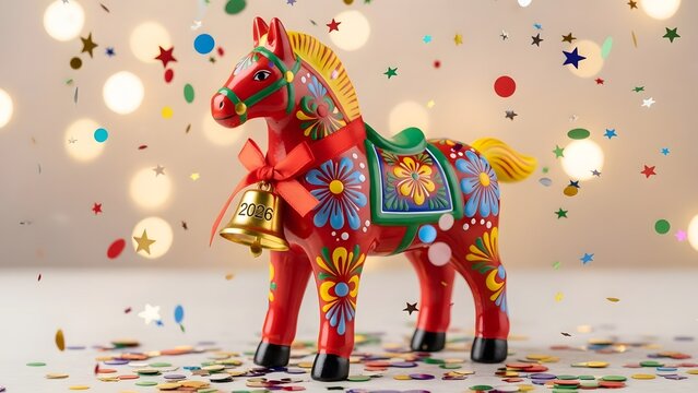 Colorful decorative horse figurine with 2026 bell and falling confetti, symbolizing a festive New Year celebration.