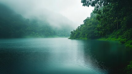Misty Tropical Lake Surrounded by Lush Green Forest