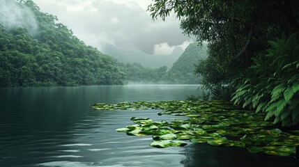 Peaceful Forest Lake with Floating Lily Pads and Misty Hills