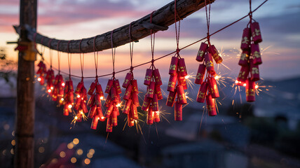 Vibrant red firecrackers sparking during a festive twilight outdoor celebration