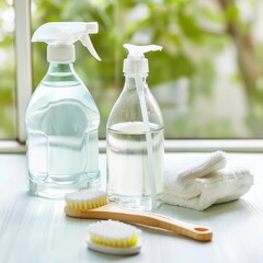 Reusable Glass Cleaning Spray Bottles with Brushes and Cloth by Window Light