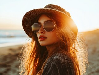 Stylish Woman in Hat and Sunglasses Enjoying Sunset at the Beach