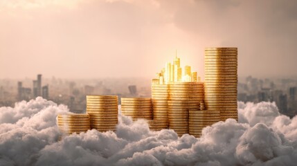 Financial Growth Concept with Stacked Coins and Modern City Skyline