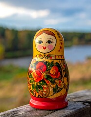 Painted wooden nesting doll outdoors, autumn backdrop
