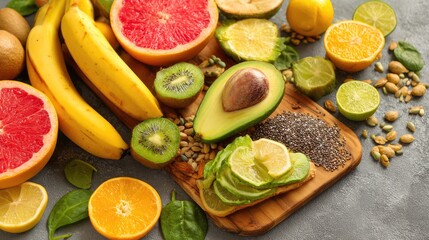 Healthy Superfoods Assortment with Fresh Fruits Seeds and Avocado
