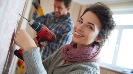 Smiling Woman Using Power Drill During Home Renovation