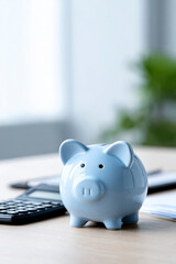 A pastel-blue piggy bank sits on a desk with calculator and papers beside it.