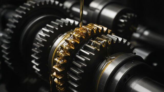 Engine gear lubrication oil pouring on metal cogwheel. Industrial transmission machine rotating with golden liquid maintenance. Automotive mechanism technology working in slow motion.