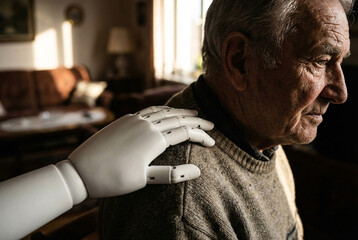 a robot's smooth white hand gently resting on an elderly man's shoulder in a gesture of comfort