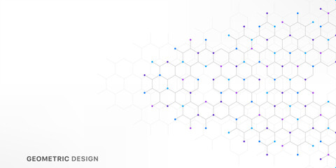 Abstract hexagonal molecular structure with colorful dots on white background