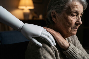 a robot's smooth white hand gently resting on an elderly woman's shoulder in a gesture of comfort