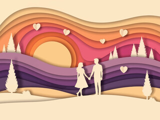 Obraz premium Paper cut style illustration of a couple holding hands.