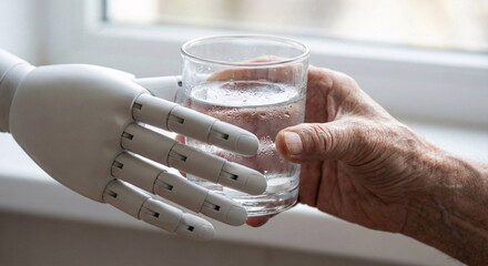 a robot&rsquo;s smooth, articulated hand handing a glass of water and a small pill to an elderly