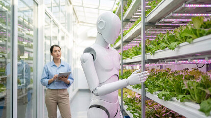A sleek, faceless white humanoid robot with a minimalist smooth head, standing in a high-tech vertical farm