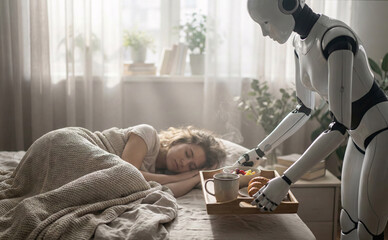 A white humanoid robot is serving coffee and breakfast to a sleeping young woman in a dimly lit bedroom